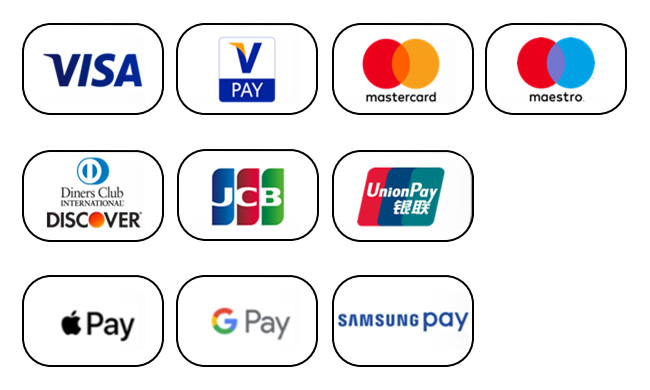 Logos of supported brands: Visa, V-Pay, Mastercard, Maestro, Diners, Discover, JCB, UnionPay, Apple Pay, Google Pay and Samsung Pay.